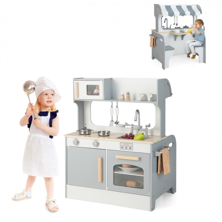 Double-sided kids pretend kitchen playset in gray with oven, microwave, and abundant accessories for imaginative play.