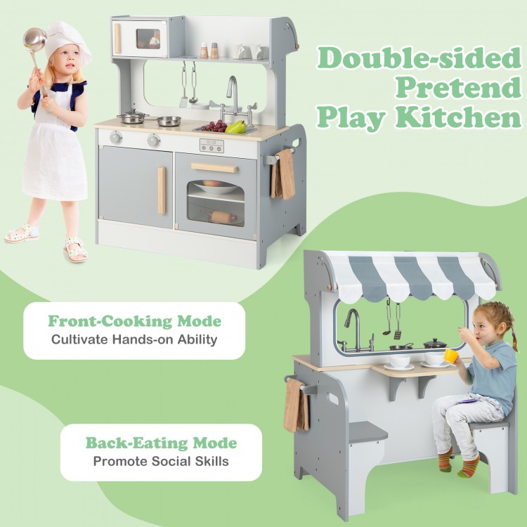 Double-sided kids pretend kitchen playset in gray with cooking and cafe modes, promoting hands-on and social skills.