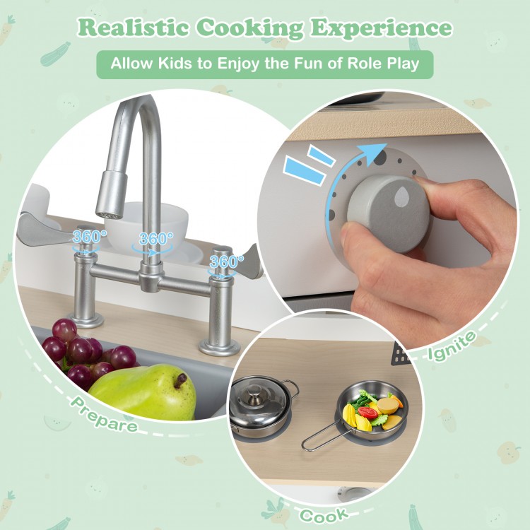 Double-sided kids pretend kitchen playset with 360° rotatable faucet and realistic cooking features for imaginative.