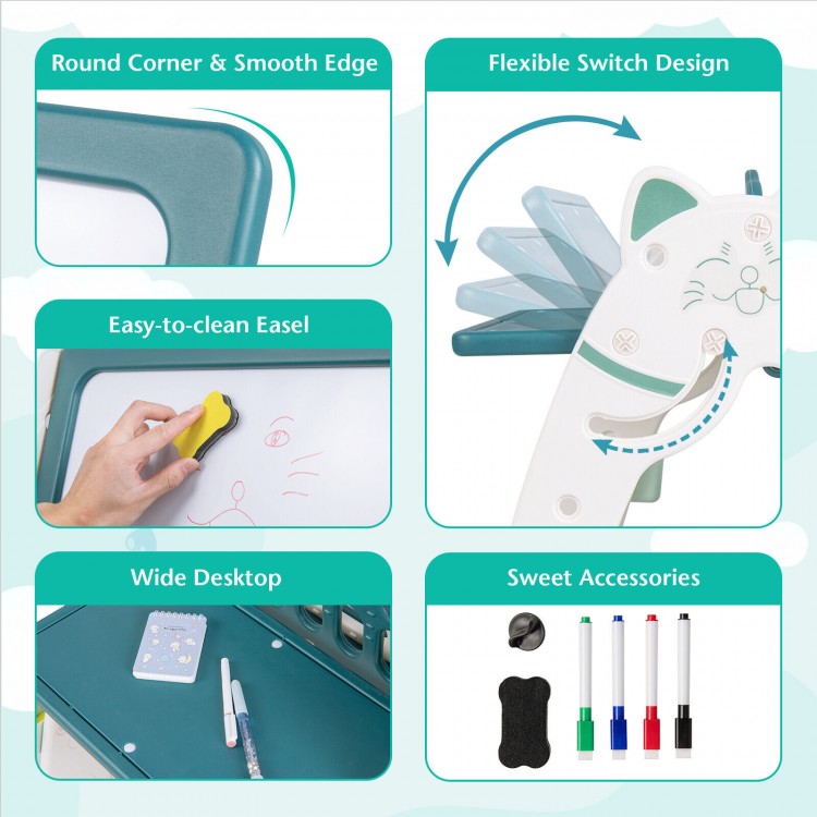 Double-sided magnetic dry-erase board in green with ergonomic stool, storage baskets, and colorful markers for kids.