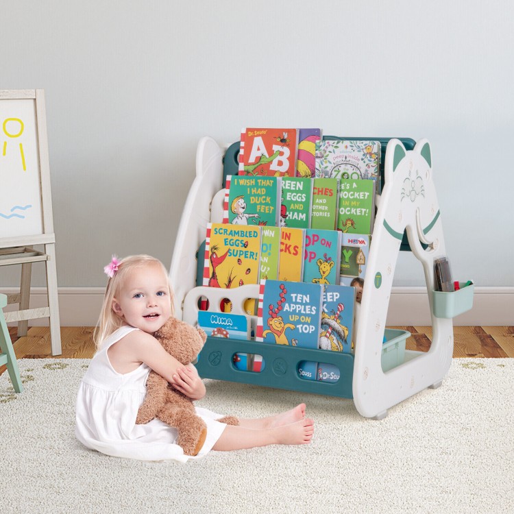 3-in-1 double-sided magnetic dry-erase board with stool, featuring a book rack and colorful markers for kids'.
