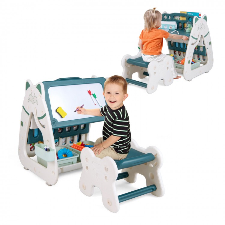 3-in-1 double-sided magnetic dry-erase board with stool, featuring a book rack and art easel for kids' creativity.