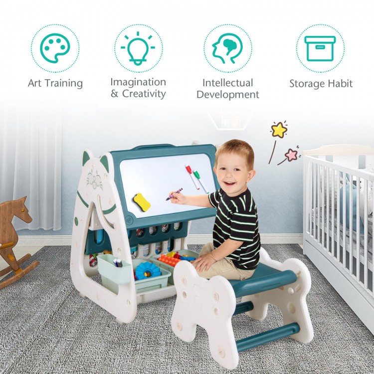 3-in-1 double-sided magnetic dry-erase board with ergonomic stool, ideal for kids' art and creativity development.