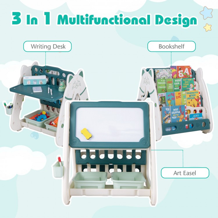 3-in-1 double-sided magnetic dry-erase board with stool, featuring a writing desktop, art easel, and book rack in green.