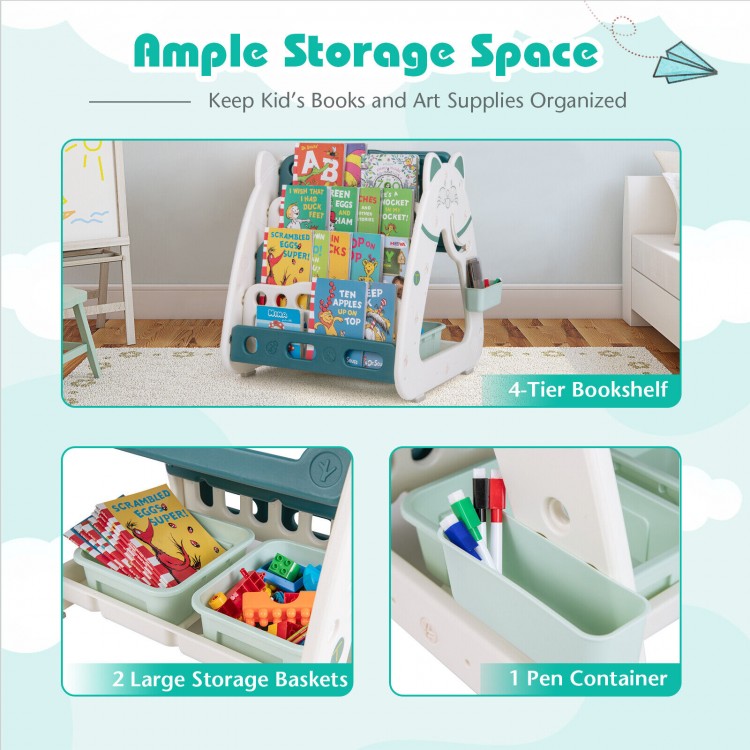 4-tier bookshelf with colorful books, featuring 2 large storage baskets and a pen container for organized play.