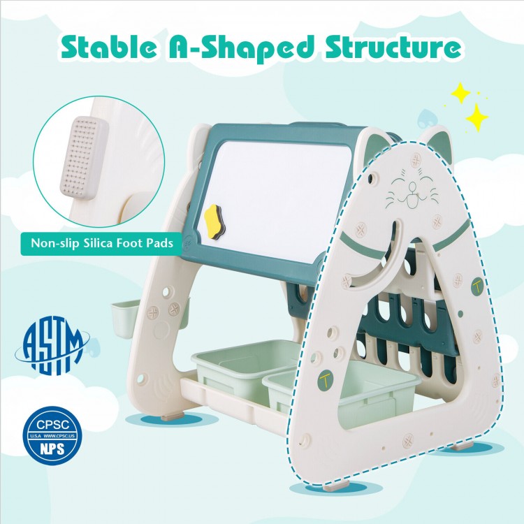 3-in-1 double-sided magnetic dry-erase board with ergonomic stool and A-shaped structure for kids' creative activities.