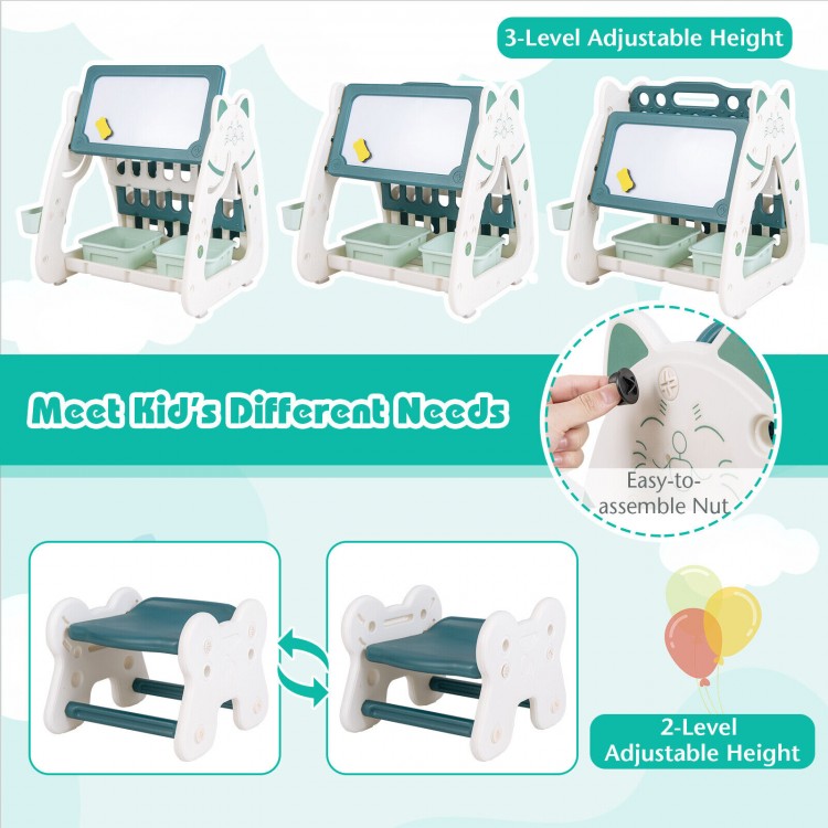 3-in-1 double-sided magnetic dry-erase board with ergonomic stool, featuring adjustable height and storage baskets for.