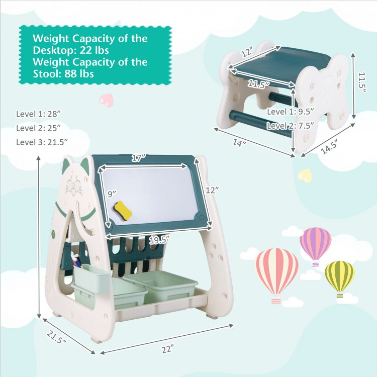 3-in-1 double-sided magnetic dry-erase board with ergonomic stool, green, ideal for kids' creativity and storage.