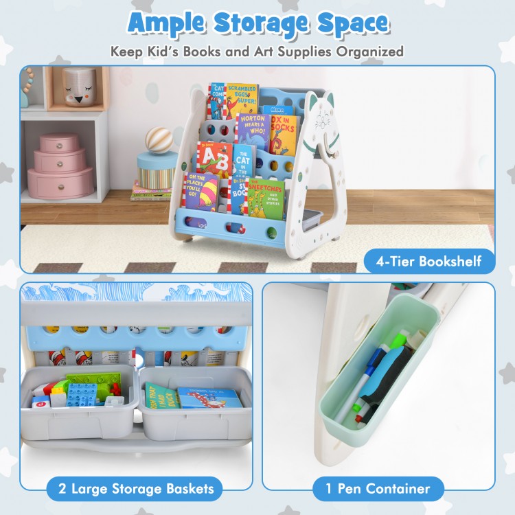 4-tier bookshelf with 2 large storage baskets and pen container for organizing kids' books and art supplies.