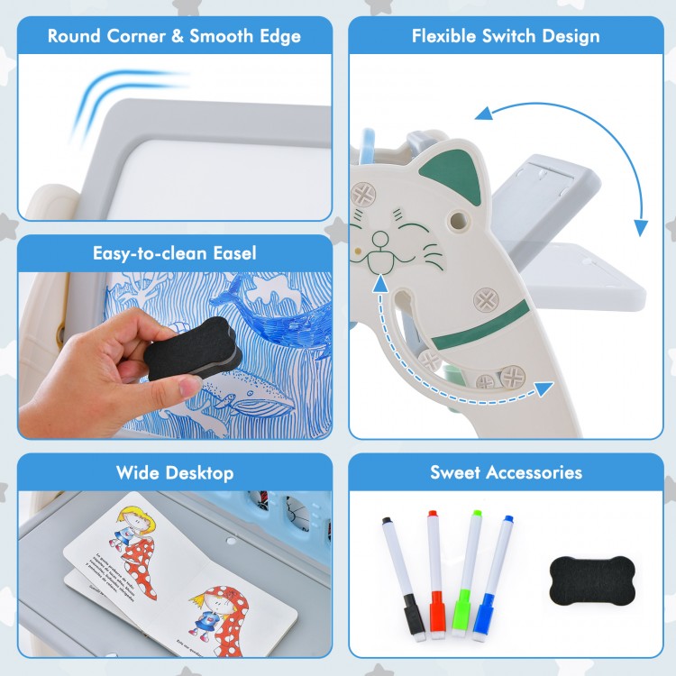 3-in-1 double-sided magnetic dry-erase board with stool, featuring a flexible switch design and rounded corners for.