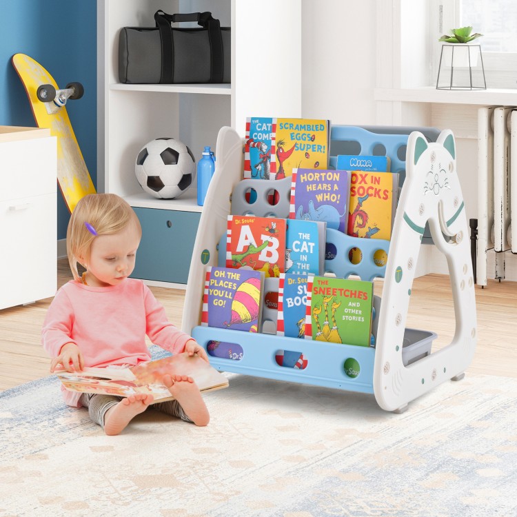 Colorful 4-tier book rack with a child reading, featuring a 3-in-1 design for creativity and storage in a playroom.