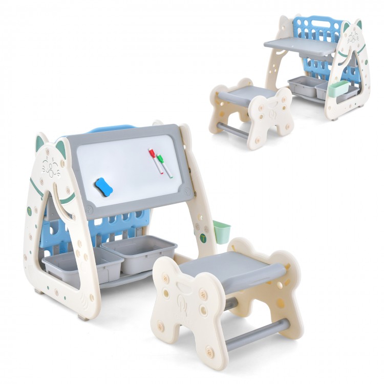 3-in-1 double-sided magnetic dry-erase board with stool, featuring a book rack and storage for kids' art supplies.