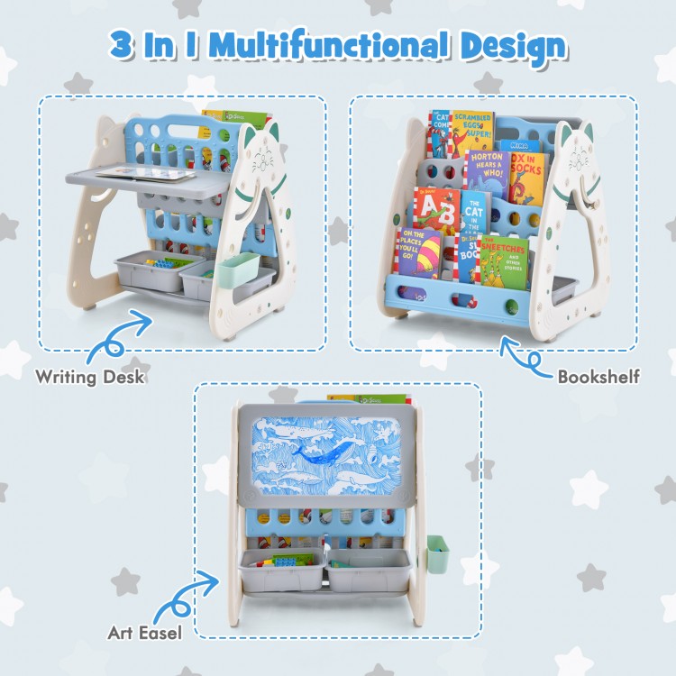 3-in-1 double-sided magnetic dry-erase board with stool, featuring a bookshelf and art easel for kids' creativity.