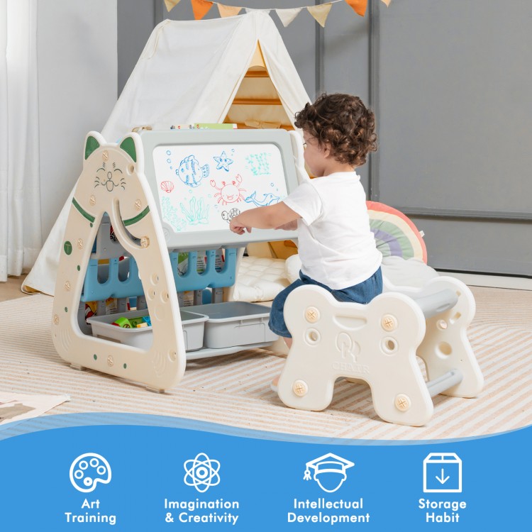 3-in-1 double-sided magnetic dry-erase board with stool, promoting creativity and storage for kids aged 1-5.