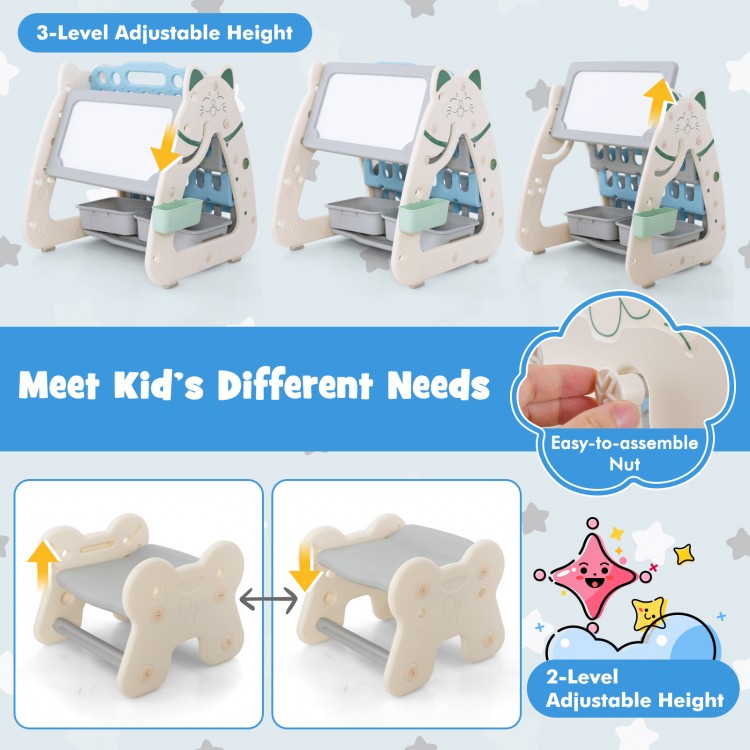 3-in-1 double-sided magnetic dry-erase board with stool, featuring adjustable height and storage for kids' art supplies.