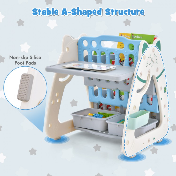 A-shaped kids' storage unit with writing desktop, book rack, and non-slip foot pads for stability and safety.