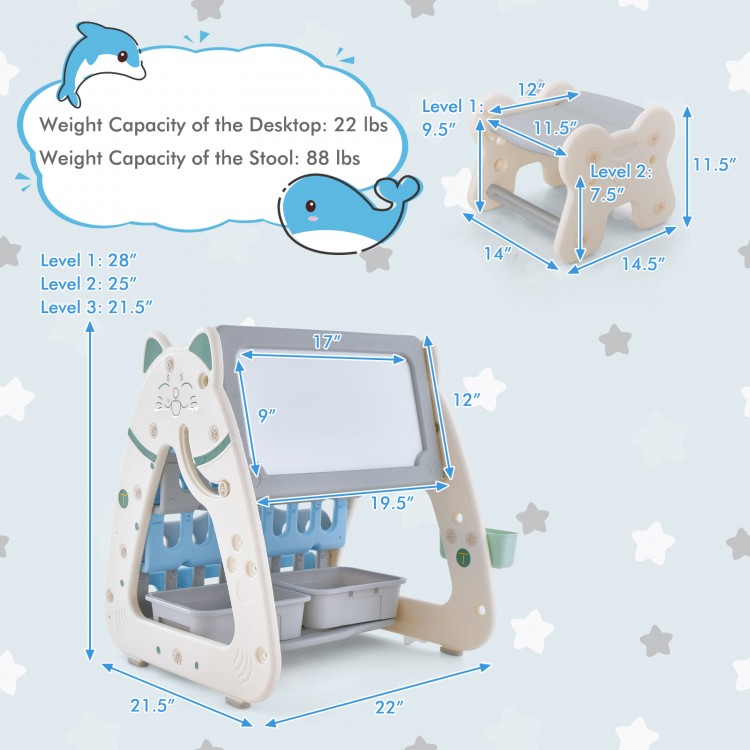 3-in-1 double-sided magnetic dry-erase board with stool, featuring a book rack and ergonomic design for kids' comfort.
