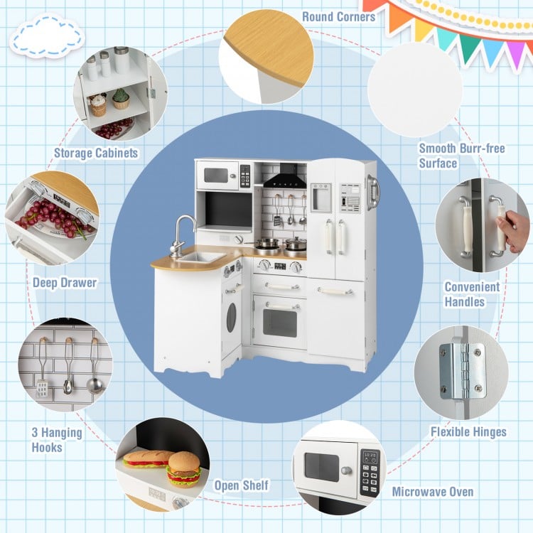 Wooden kid's corner kitchen playset with stove, featuring storage cabinets, microwave, and smooth burr-free surface for.