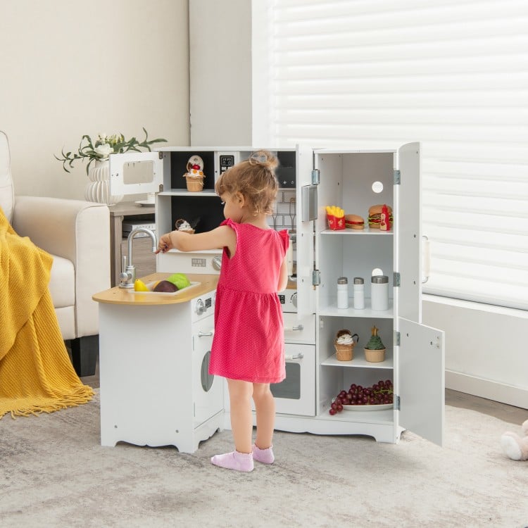 Wooden kid's corner kitchen playset in natural and white, featuring stove, microwave, and ample storage for imaginative.