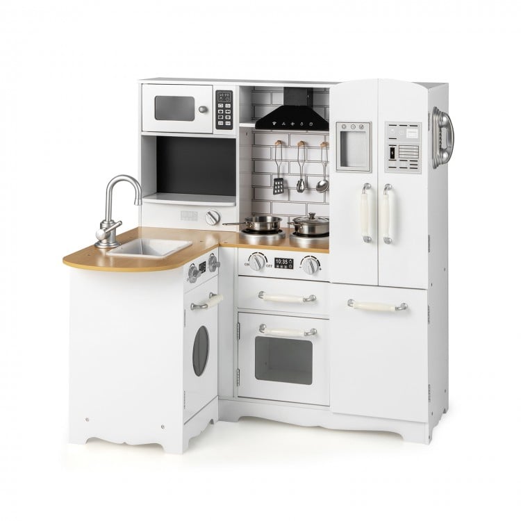 Wooden kid's corner kitchen playset in natural and white with stove, sink, and realistic accessories for imaginative.