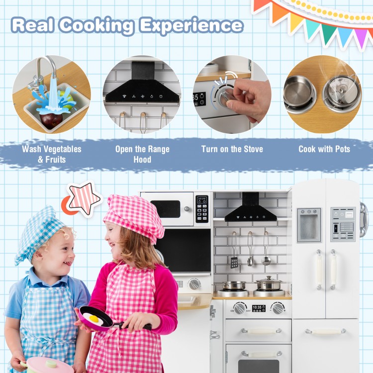 Wooden Kid's Corner Kitchen Playset with stove, realistic features, and ample storage for imaginative cooking play.