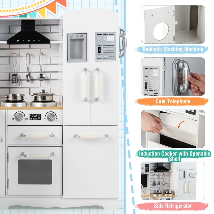 Wooden kid's corner kitchen playset with stove, realistic washing machine, and ample storage for imaginative play.