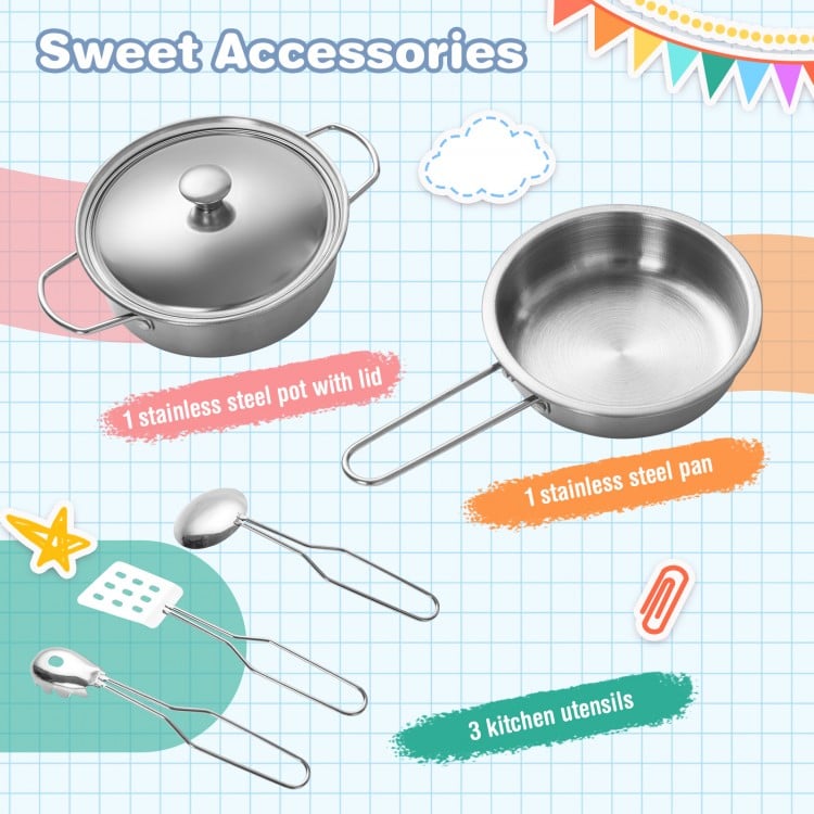 Stainless steel pot with lid and pan, plus three kitchen utensils for kids' cooking playset accessories.
