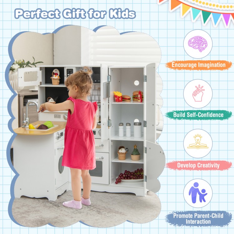 Wooden kid's corner kitchen playset with stove, featuring realistic appliances and ample storage for imaginative play.