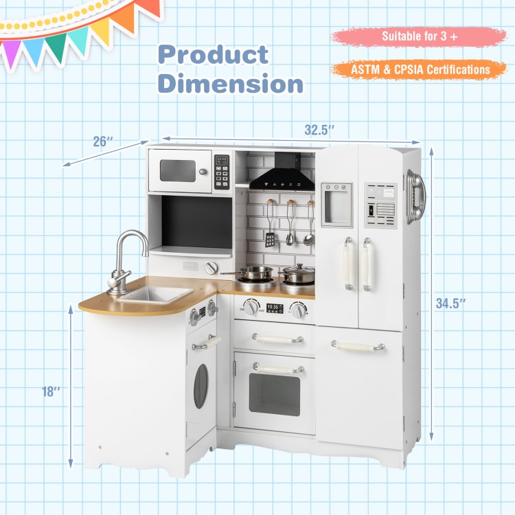 Wooden kid's corner kitchen playset with stove and refrigerator, designed with L-shaped layout for convenient storage.