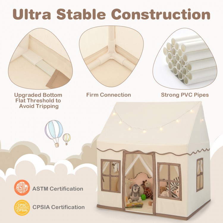 Toddler large playhouse with star string lights, sturdy PVC construction, and breathable mesh curtains for indoor fun.