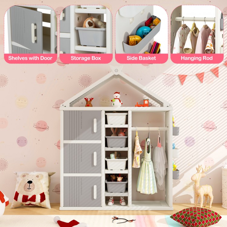 Kids costume storage closet in gray with shelves, storage bins, and side baskets for organized kids' room.