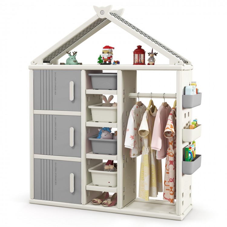 Kids costume storage closet in gray with bins, shelves, and side baskets for organizing toys and clothes in a child's.