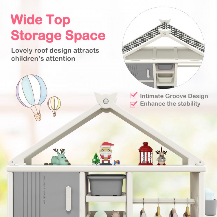 Kids costume storage closet in gray with wide top storage space, adjustable shelves, and side baskets for organizing.