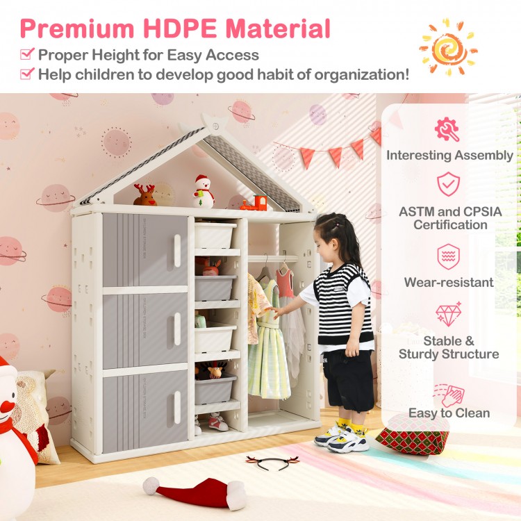 Kids costume storage closet in gray with bins and shelves, made of premium HDPE, ideal for organizing toys and clothes.