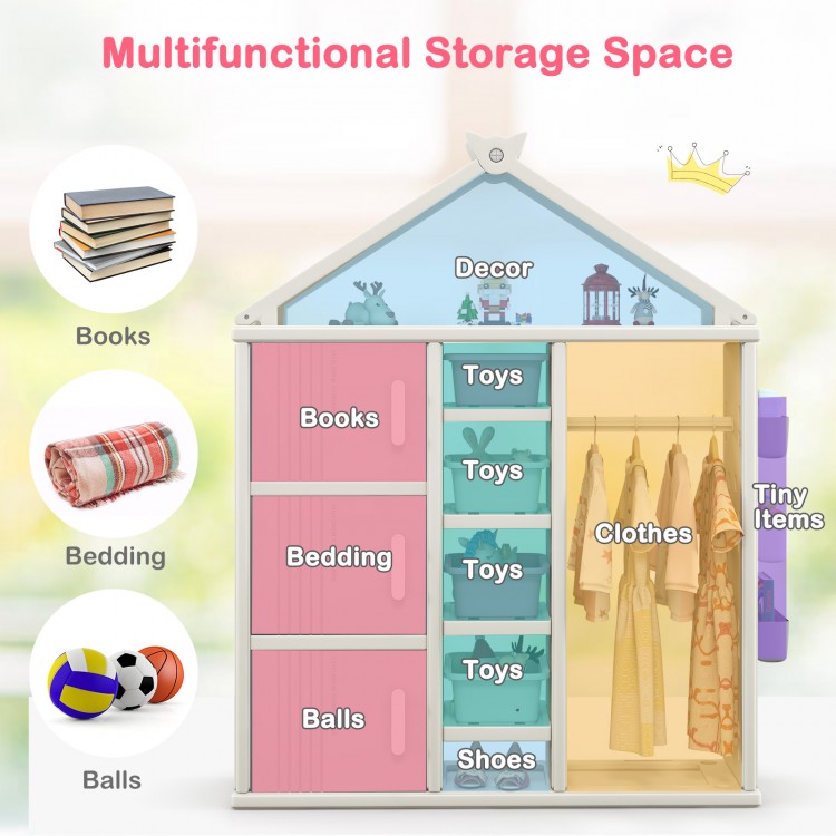 Kids costume storage closet in gray with bins and shelves, ideal for organizing toys, clothes, and shoes in a child's.
