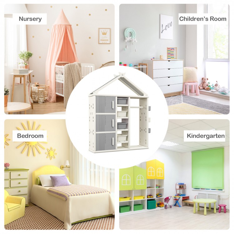 Kids costume storage closet in gray with bins and shelves, ideal for organizing toys in a nursery or children's room.