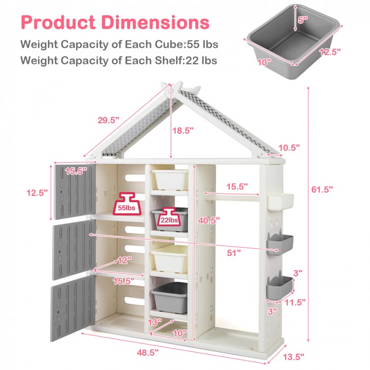 Kids costume storage closet in gray with adjustable shelves, storage bins, and side baskets for organized playroom use.