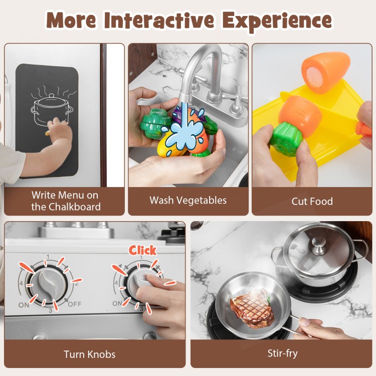 Kids modern toy kitchen playset featuring interactive knobs, chalkboard, and accessories for immersive cooking fun.