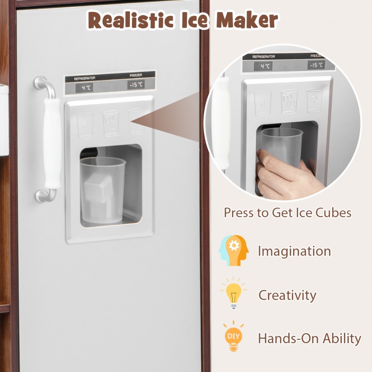 Kids toy kitchen playset ice maker with realistic press feature, includes ice cubes for imaginative cooking fun.