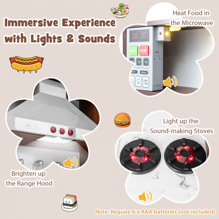Kids modern toy kitchen playset with lights and sounds, featuring interactive knobs and storage for imaginative play.