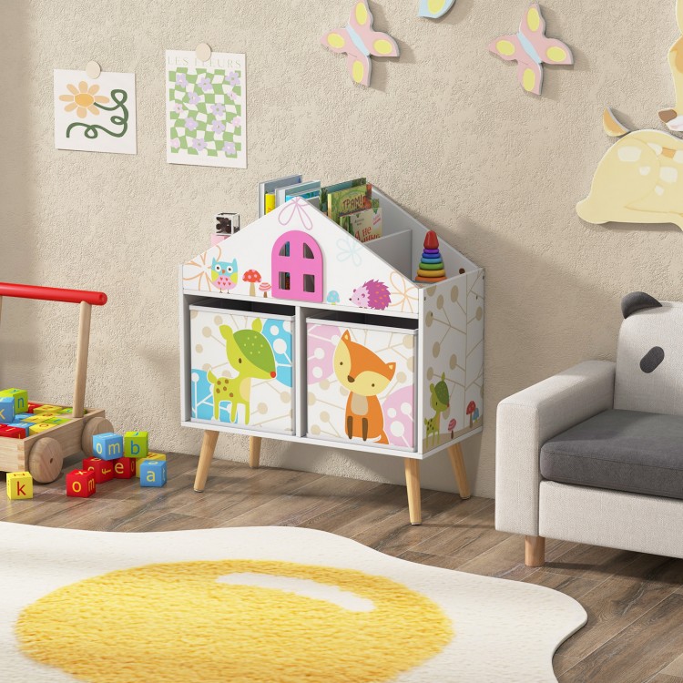 Kids house-shaped bookshelf with solid MDF structure and elevated wooden legs, ideal for versatile kids' room storage.