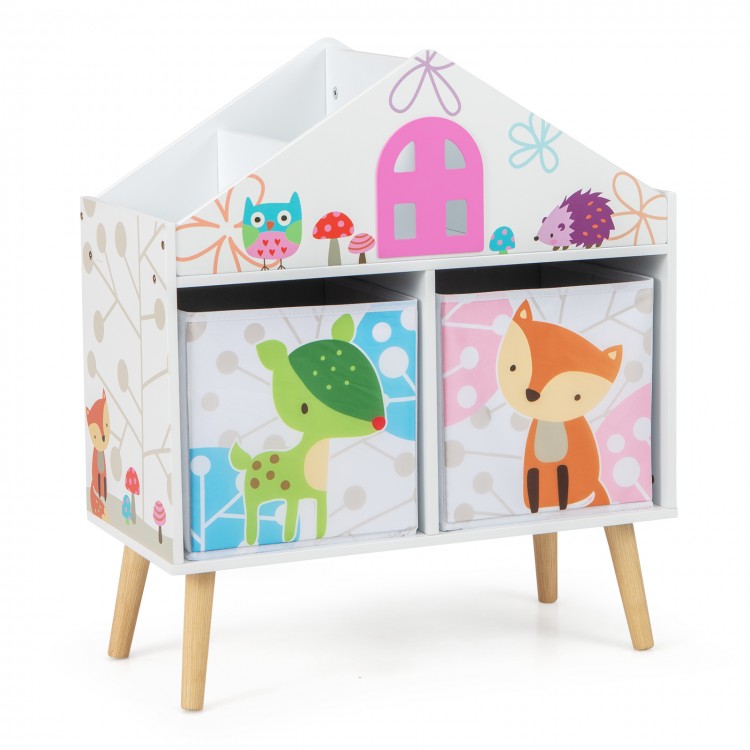 Kids house-shaped bookshelf with colorful prints and two removable storage bins for toys and books in a kids' room.