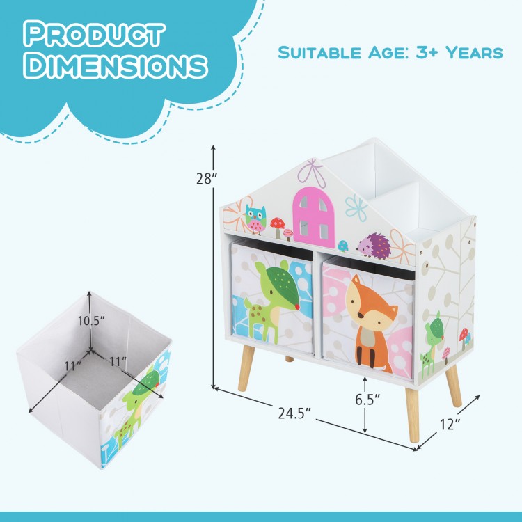 Kids house-shaped bookshelf with 2 colorful storage bins, perfect for toys and books in kids' rooms or playrooms.