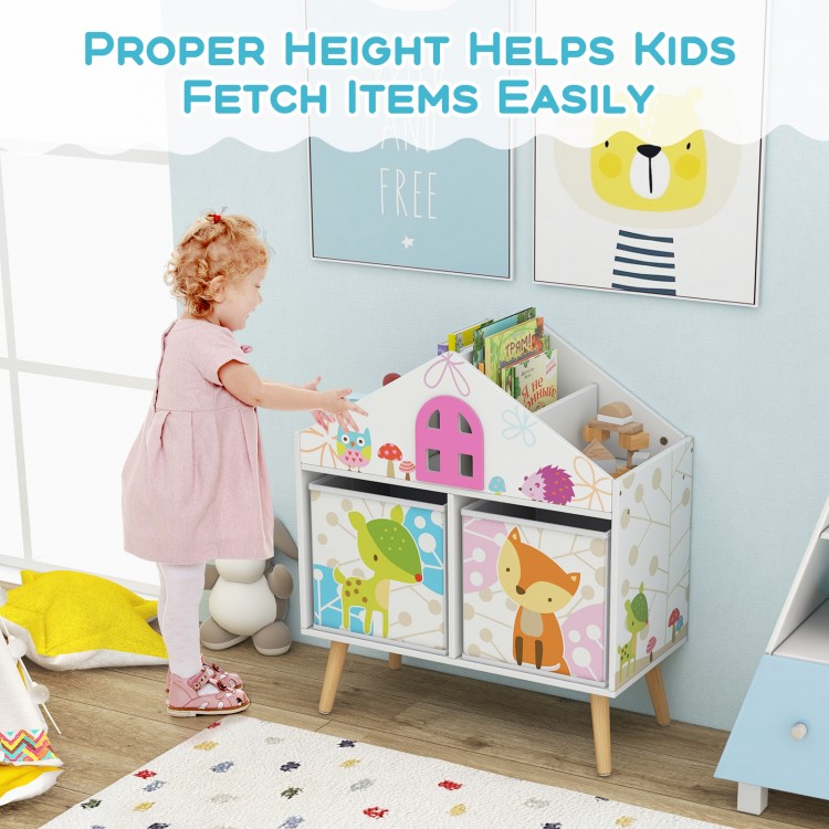 Kids house-shaped bookshelf with colorful prints and two storage bins, perfect for organizing toys and books in a.