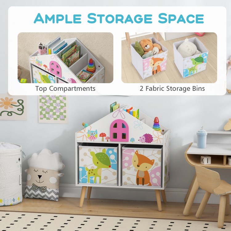 Kids house-shaped bookshelf with colorful prints and two removable storage bins for toys and books in a playroom.