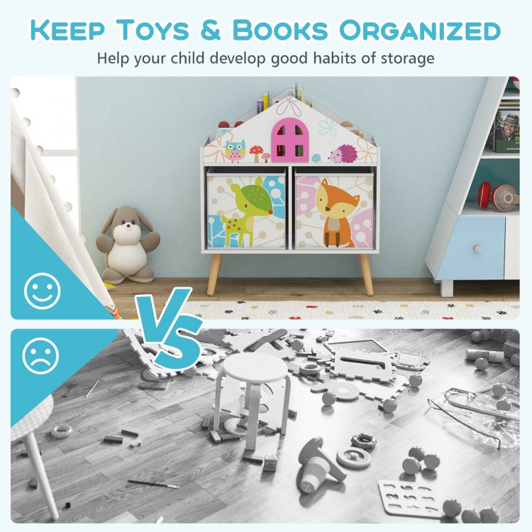 Kids house-shaped bookshelf in white with colorful prints and 2 removable storage bins for organized playroom storage.