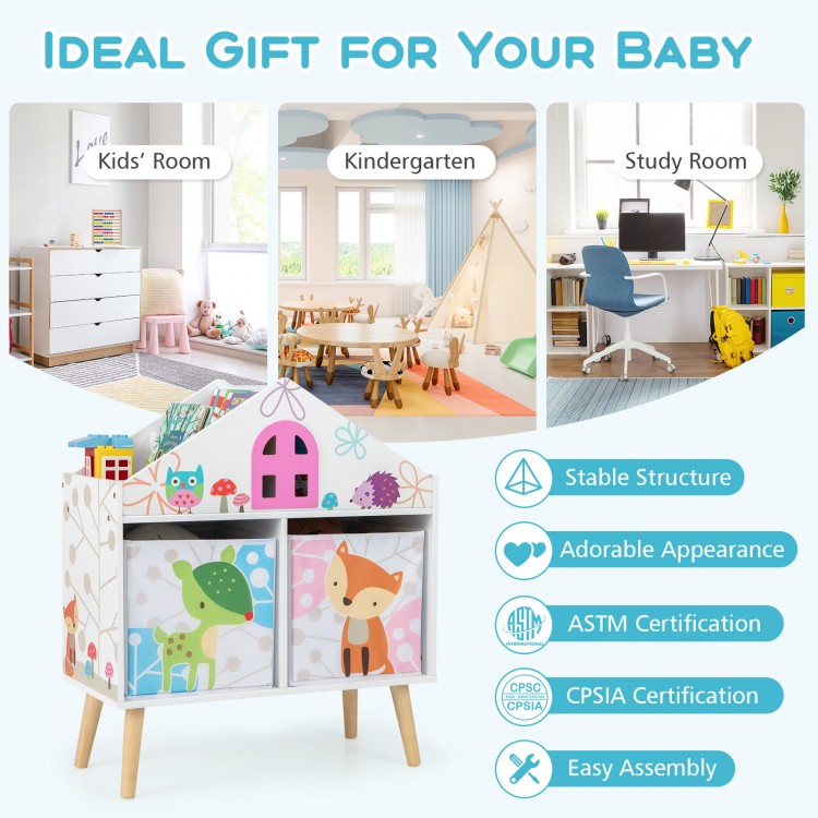 Kids house-shaped bookshelf with colorful prints and 2 removable storage bins for kids' room organization.