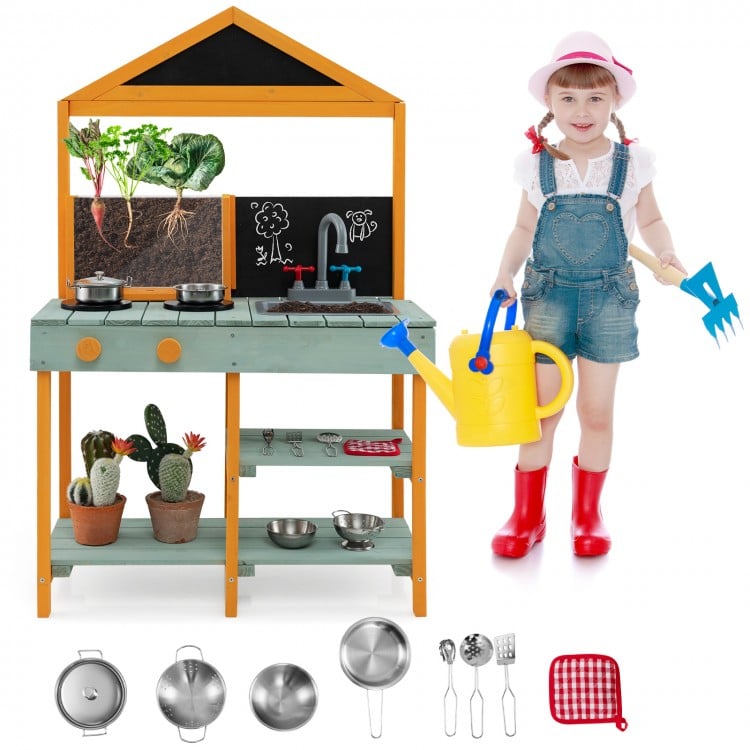 Kids kitchen playset with lifelike stoves, rotatable faucet, and root viewer planter for imaginative cooking fun.