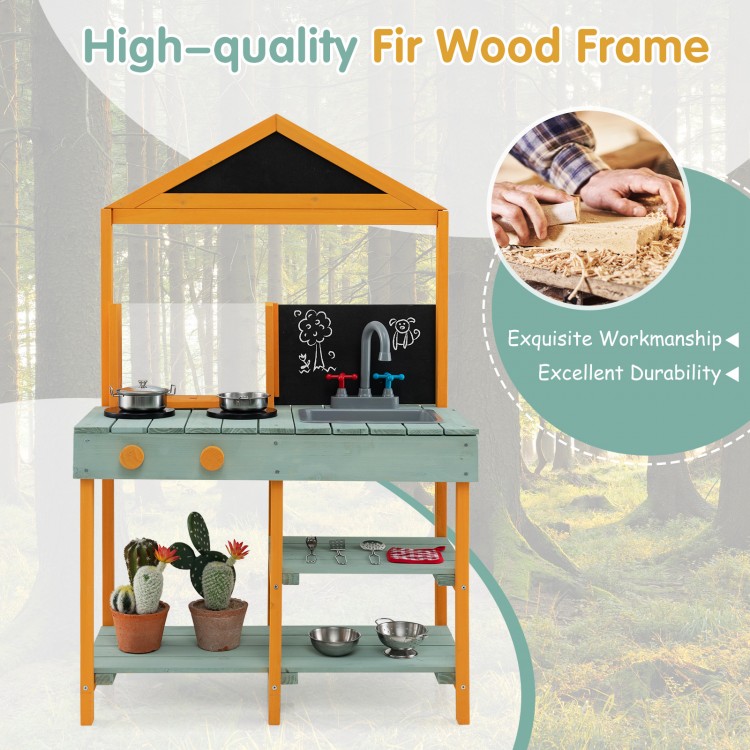 Kids kitchen playset with fir wood frame, featuring stoves, sink, chalkboards, and root viewer planter for imaginative.