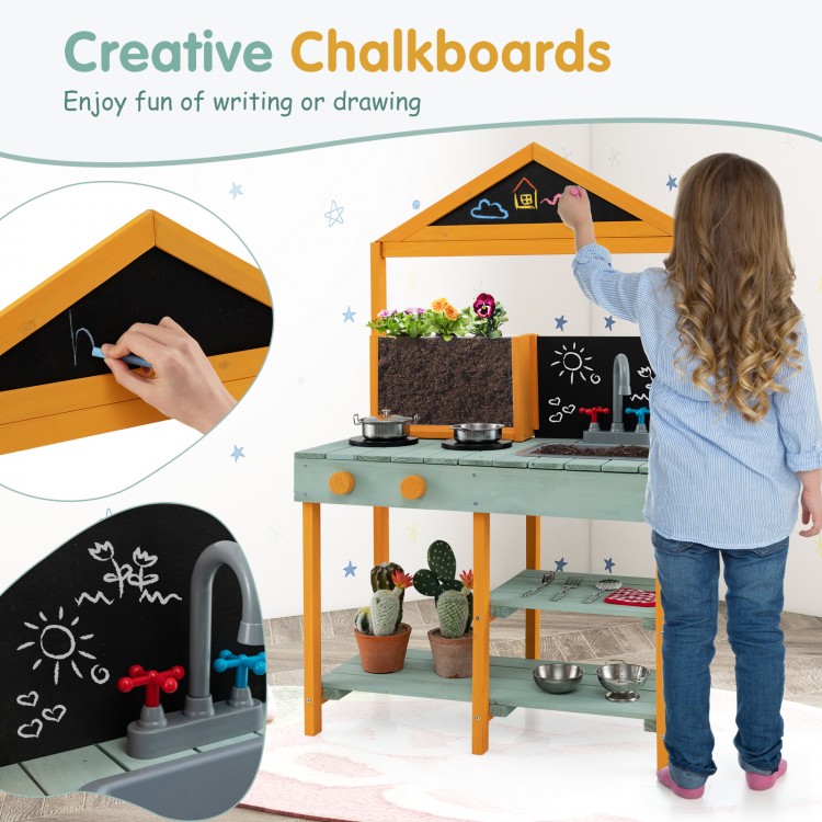 Kids kitchen playset featuring two chalkboards, a rotatable faucet, and lifelike stove for imaginative cooking fun.